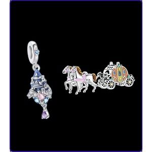 2 Princess Charms, Castle Dangle For Necklace Or Bracelet Charm, Horse Carriage